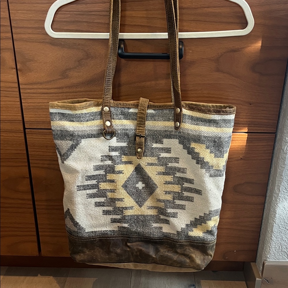 Myra Bag Geometric Tote - Brown, Cream, and Gray